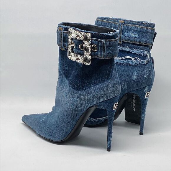 DOLCE & GABBANA Patchwork denim ankle boots with rhinestone buckle - Picture 8 of 16